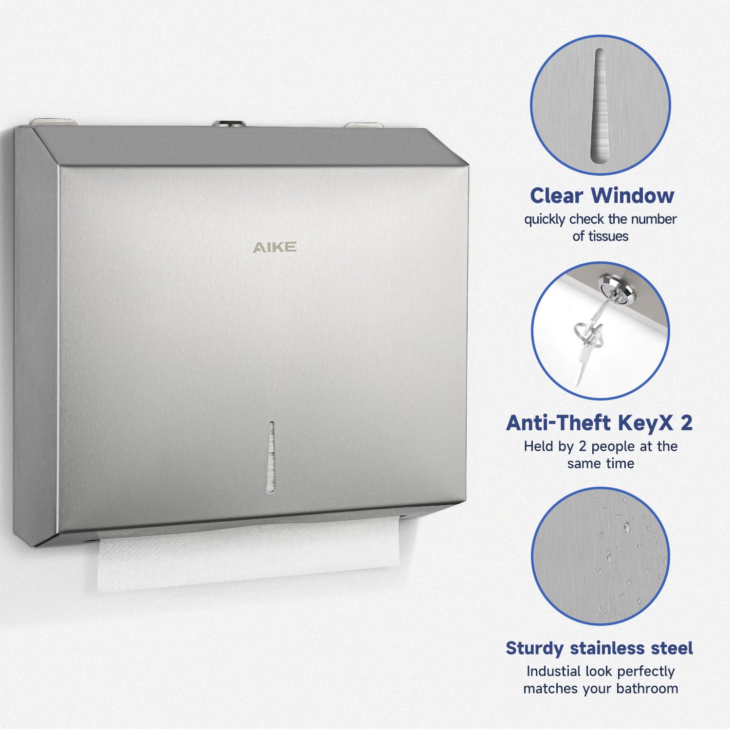 AIKE 250 Sheet Multifold Stainless Steel Wall Mount Paper Towel Dispenser with Lock