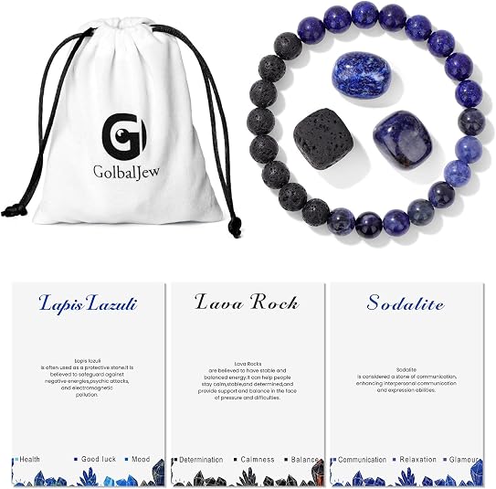 GolbalJew Natural Stone Beads Bracelet With Healing Stones Crystal Beginner Gift Set of 4 for Emotional Balance, Lava Rock, Lapis Lazuli, Sodalite, Apatite, Turquoise, Amazonite, Obsidian, Hematite, Tiger's eye Palm Stones