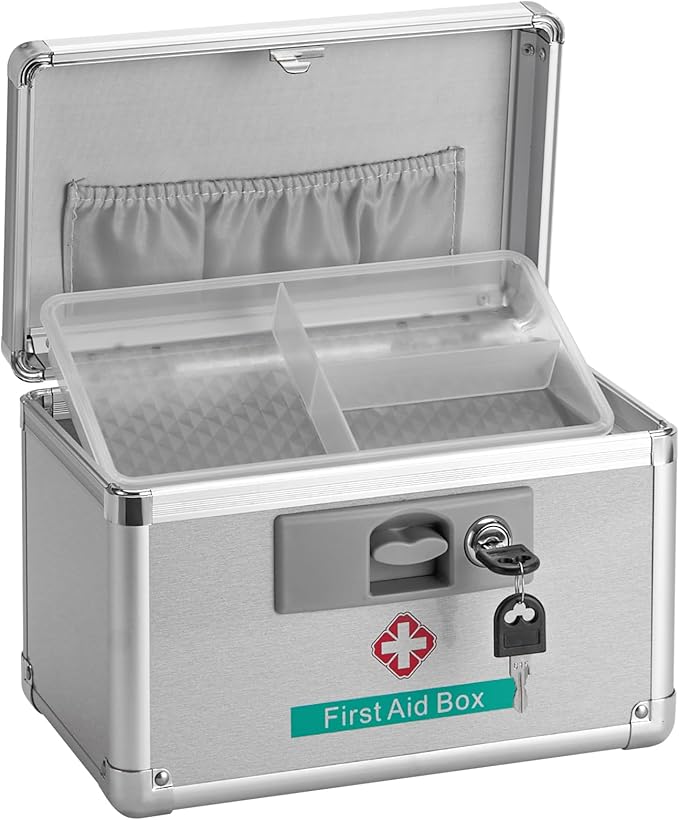 Medicine Lock Box for Safe Medication - 10 x 6 x 6.7 Inches - Lockable Storage Box for Drugs, First Aid Kit Empty, Lock Boxes with Key for Home/Outdoor (Silver/Small