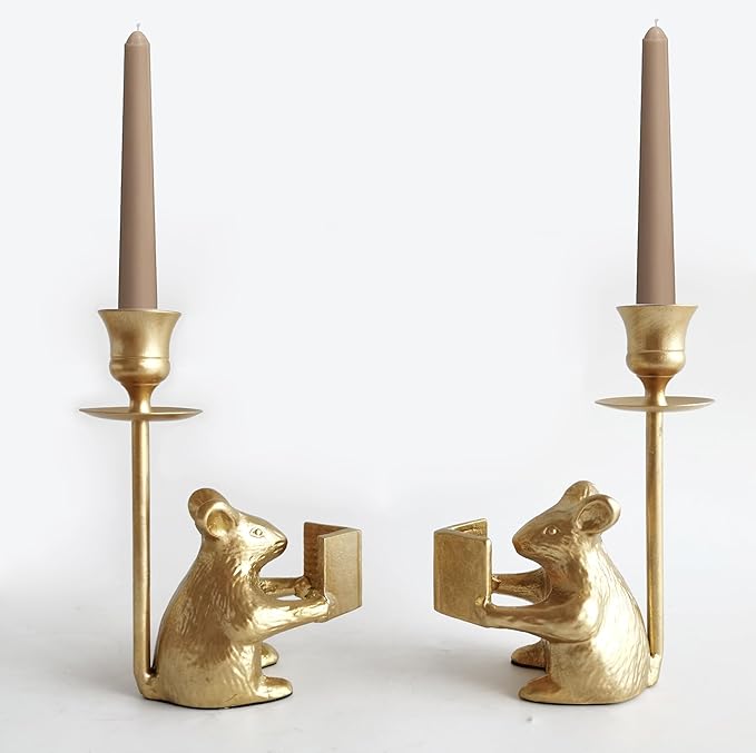 Mouse Reading Taper Candle Holders, Creative Animal Candlestick Holders, Centerpiece Table Decorative Candlelight, Dinner Metal Candle Stand, Home Decor