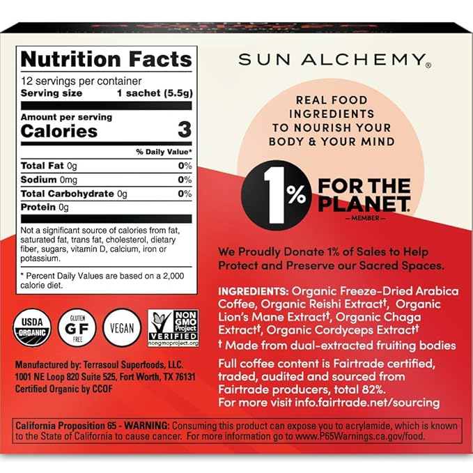 Sun Alchemy Mushroom Coffee is a unique blend of organic fair-trade coffee and a variety of mushroom extracts including Lion’s Mane, Reishi, Chaga, and Cordyceps. These mushrooms are known for their various health benefits such as boosting immune function, increasing energy levels, and improving cognitive function. The coffee is conveniently packed in 12 sachets for easy consumption on the go.