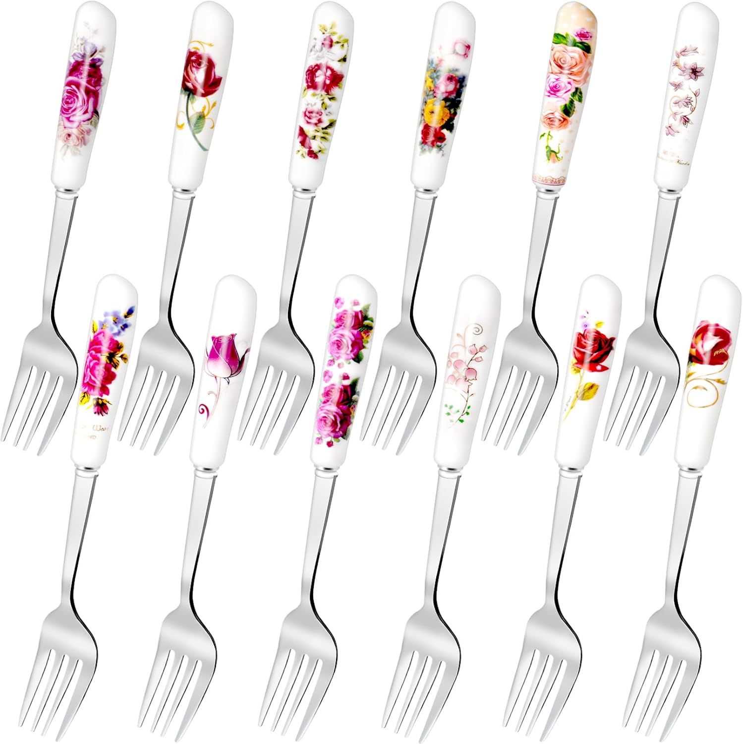 12Pcs Stainless Steel Floral Forks with Ceramic Handles