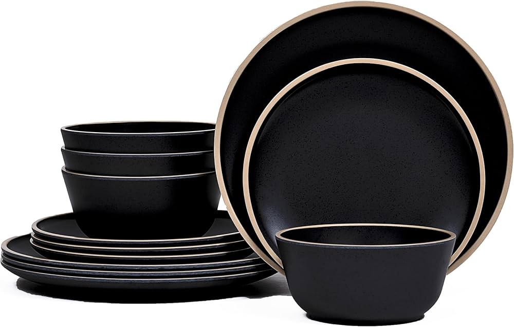 Melamine Dinnerware Sets for 4,12 Pcs Plate and Bowl Set,Unbreakable dish set,BPA Free,Suitable Indoors And Outdoors (Matte Black)