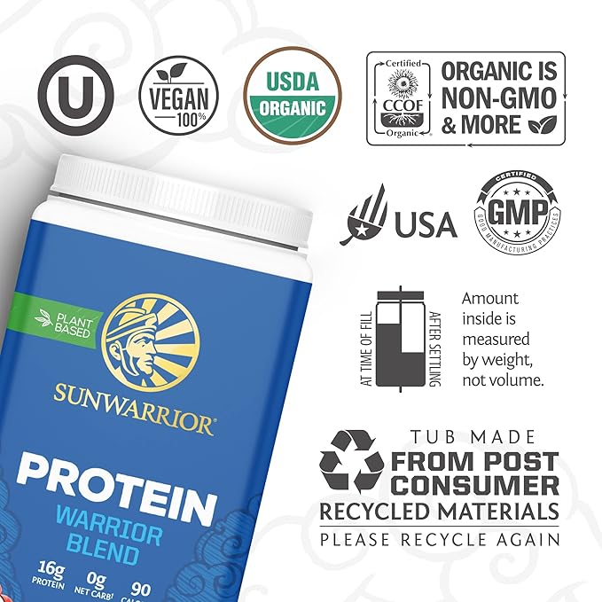 In addition to being vegan and organic, Sunwarrior's Warrior Blend is also non-GMO and free from synthetic additives. The protein powder comes in a convenient chocolate flavor, perfect for adding to smoothies, shakes, or baked goods for a delicious and nutrient-dense boost. Each container contains 30 servings, making it an ideal option for those looking to increase their protein intake from natural, plant-based sources while avoiding animal products and artificial ingredients. Description by ChatGPT.
