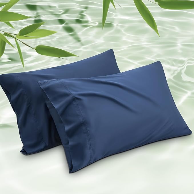 Bedsure Cooling Pillow Cases Standard Size 2 Pack, Rayon Derived from Bamboo Cooling Pillowcase for Hot Sleepers, Cool Pillow Covers with Envelope Closure for Women Men Kids, Navy Blue, 20x26 Inches