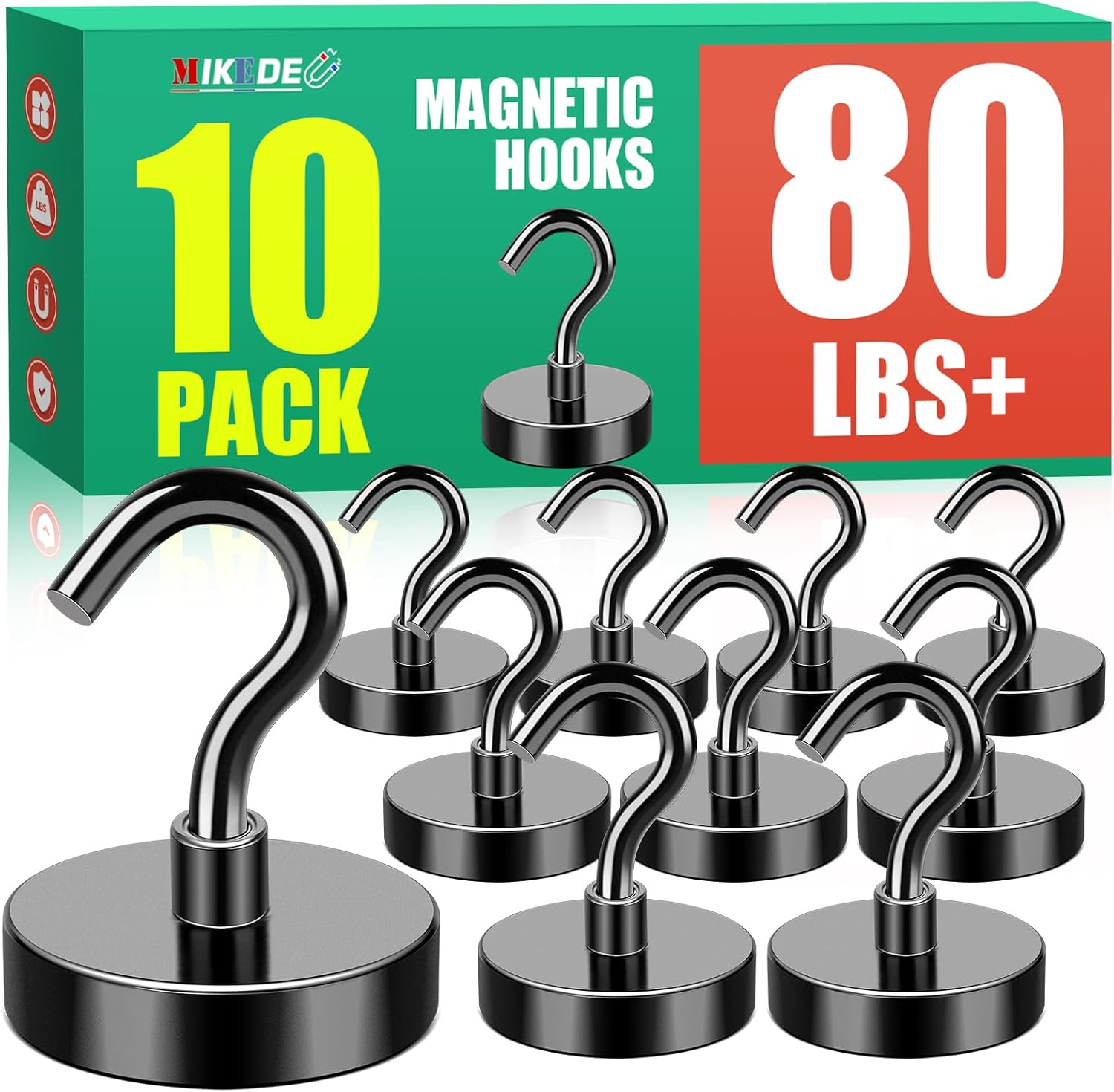 MIKEDE Heavy Duty Magnetic Hooks - 80Lbs Black with Hooks