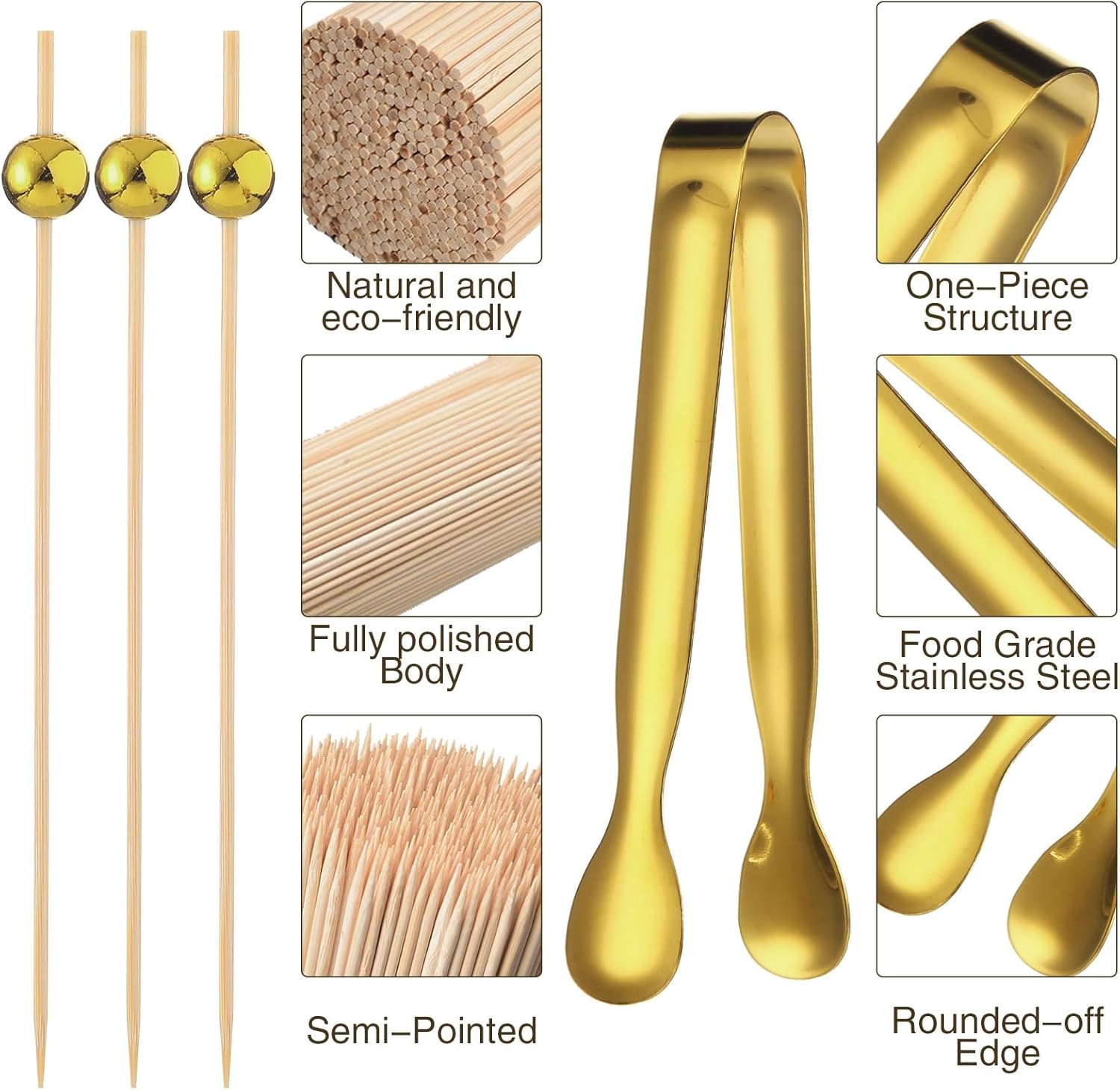 Therwen Gold Cocktail Picks and Appetizer Forks Set 184 Pcs