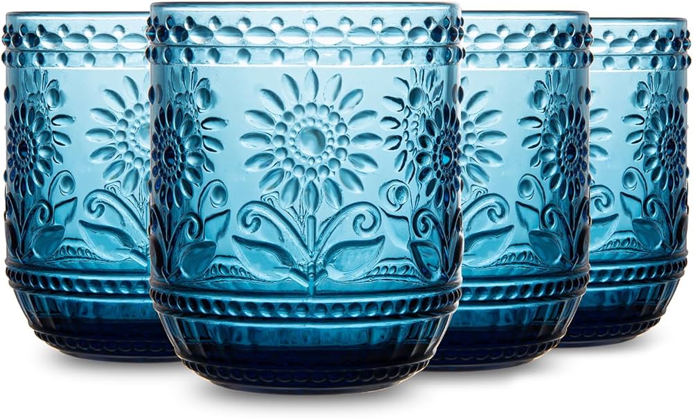 Glass Cups Vintage Glassware Drinking Glass Set of 4, Embossed Floral Decorative Glasses Set, for Water, Whisky, Juice, Beverages, Cocktail, Colored Glassware-12 OZ (Blue)