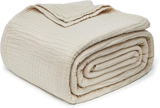 Joydeco 100% Cotton Muslin Throw Blanket for Couch Bed and Sofa, 4-Layer Lightweight and Breathable Soft Gauze Blanket for All Season, Luxury Throws Cotton Blanket Gift(Light Tan, 50"x70")