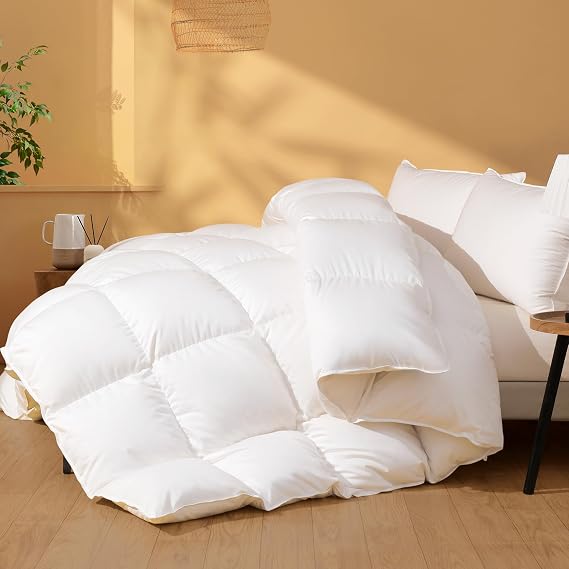 Feather Down Comforter Super King Size, Ultra Soft 100% Cotton Duvet Insert, Luxurious Hotel Collection White Bedding Comforters, All Season Medium Warmth 120 x 120 Inch.