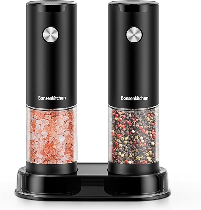 Bonsenkitchen Electric Salt and Pepper Grinder Set, Battery Operated(Not Included),2 Pack Automatic Salt & Pepper Mill Shakers with LED Light, Adjustable Coarseness, Storage Base, 95ml Large Capacity