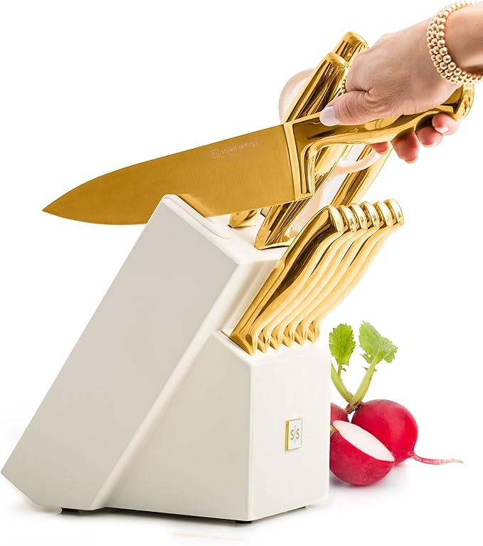 STYLED SETTINGS White and Gold Knife Set with Sharpener -14PC Self Sharpening Knife Block Set Includes Luxurious Full Tang Knives and White Knife Block - White and Gold Kitchen Decor Accessories