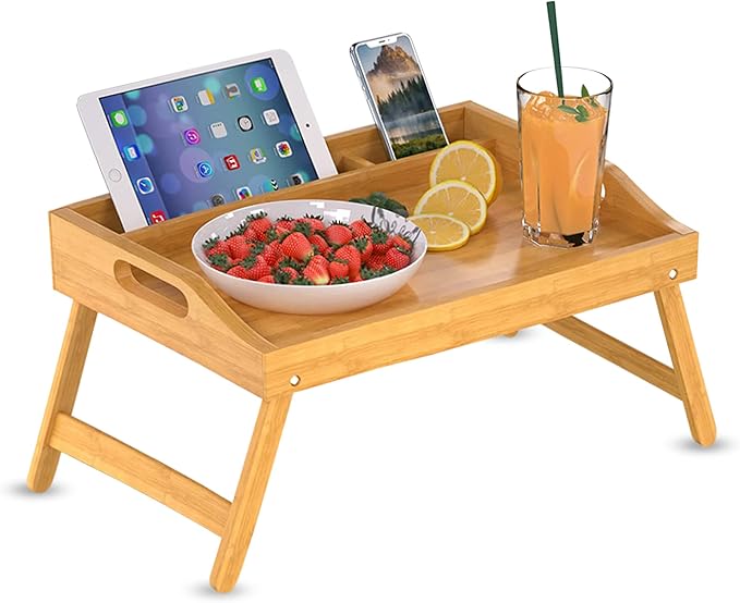 Bamboo Bed Tray, Breakfast Tray with Folding Legs Serving Tray, Portable Lap Tray, Breakfast in Bed,Reading or Working,Picnic Tray,Large Kitchen Serving Tray (Medium)
