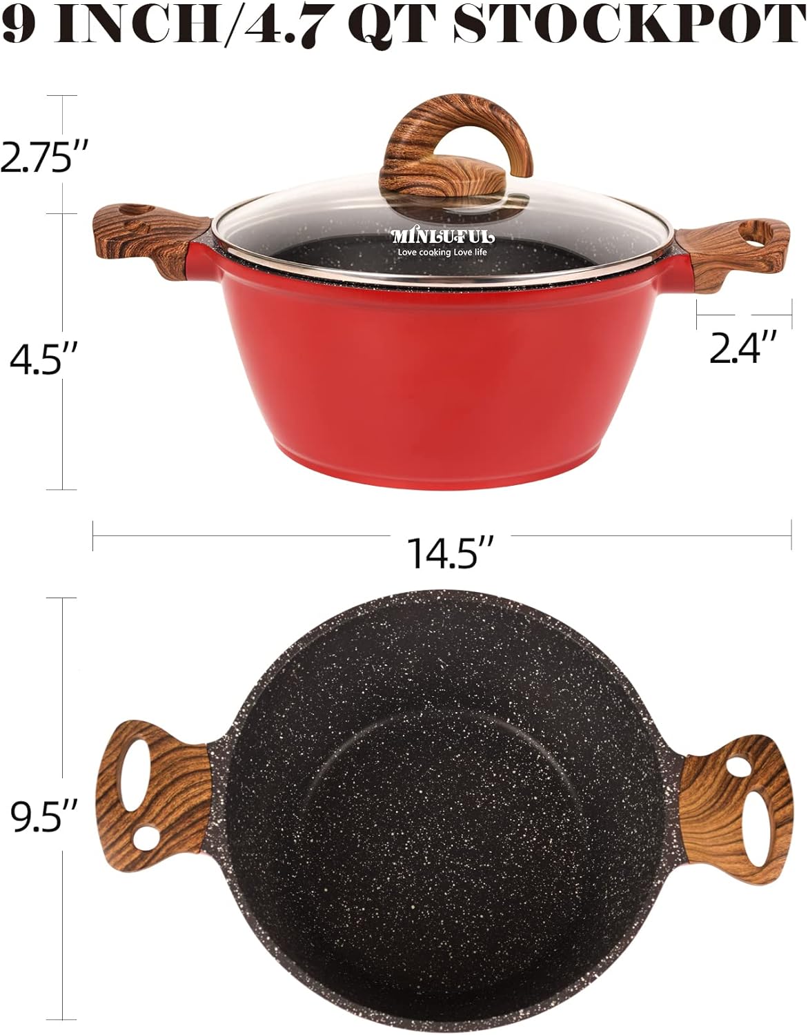 Minluful 9 Inch Nonstick Stockpot with Lid - Red