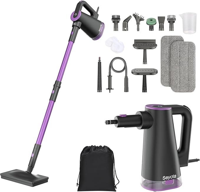 Steam Mop Cleaner for Hardwood Floor Cleaning, Hands-free Steamer Cleaner Handheld with 9-in-1 Multi-purpose Attachments for Bathroom, Windows, Sofas, Clothes, Tiles Grout (Purple-Black)