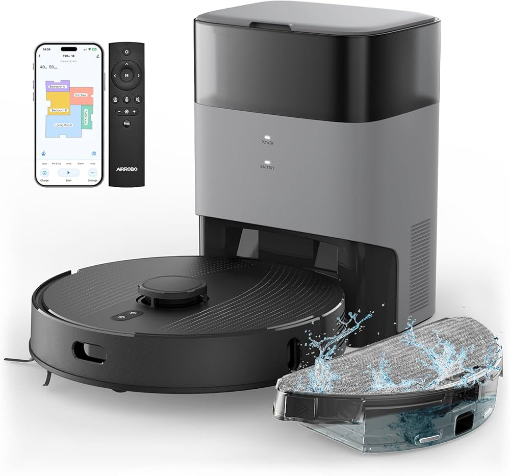 AIRROBO Robot Vacuum and Mop Combo, Self-Emptying, 60-Day Capacity, Home Mapping, Schedule, Wi-Fi/App/Alexa/Remote, 180mins Runtime, T20+ Robotic Vacuum Cleaner for Pet, Hard Floors, Carpet