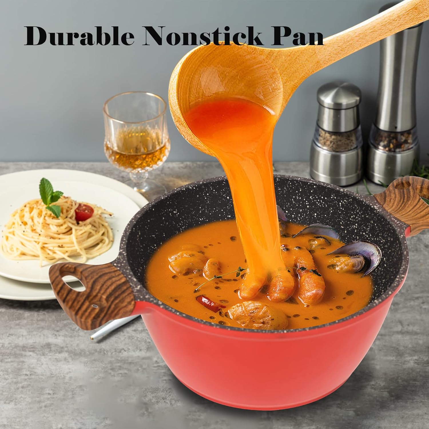 Minluful 9 Inch Nonstick Stockpot with Lid - Red