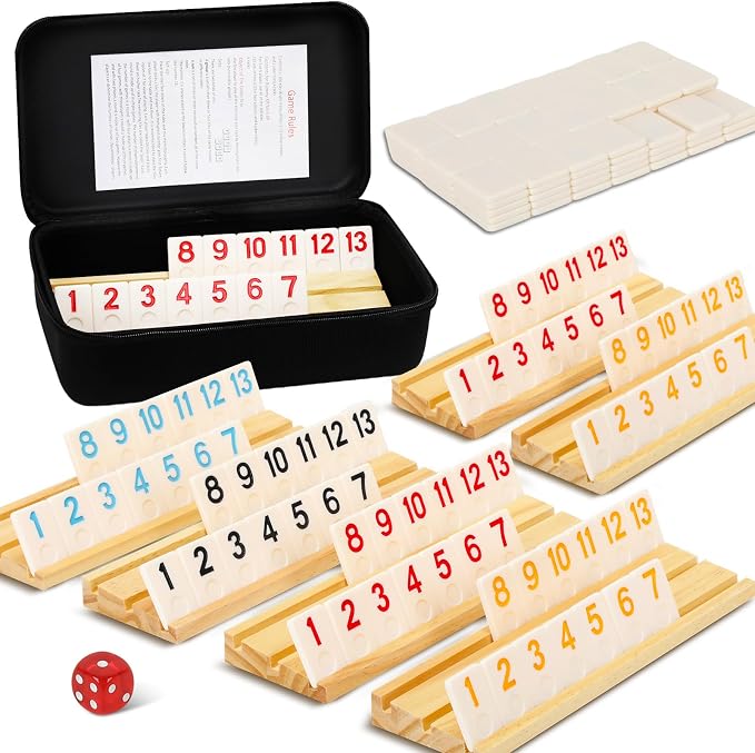 2-6 Players Rummy Game with 6 Wooden Racks, 160 Melamine Tiles, Premium Portable Case, Tile Board Games for Adults, Travel, Easter Bastket Stuffers, Easter Gifts for Men Women Dad Mom