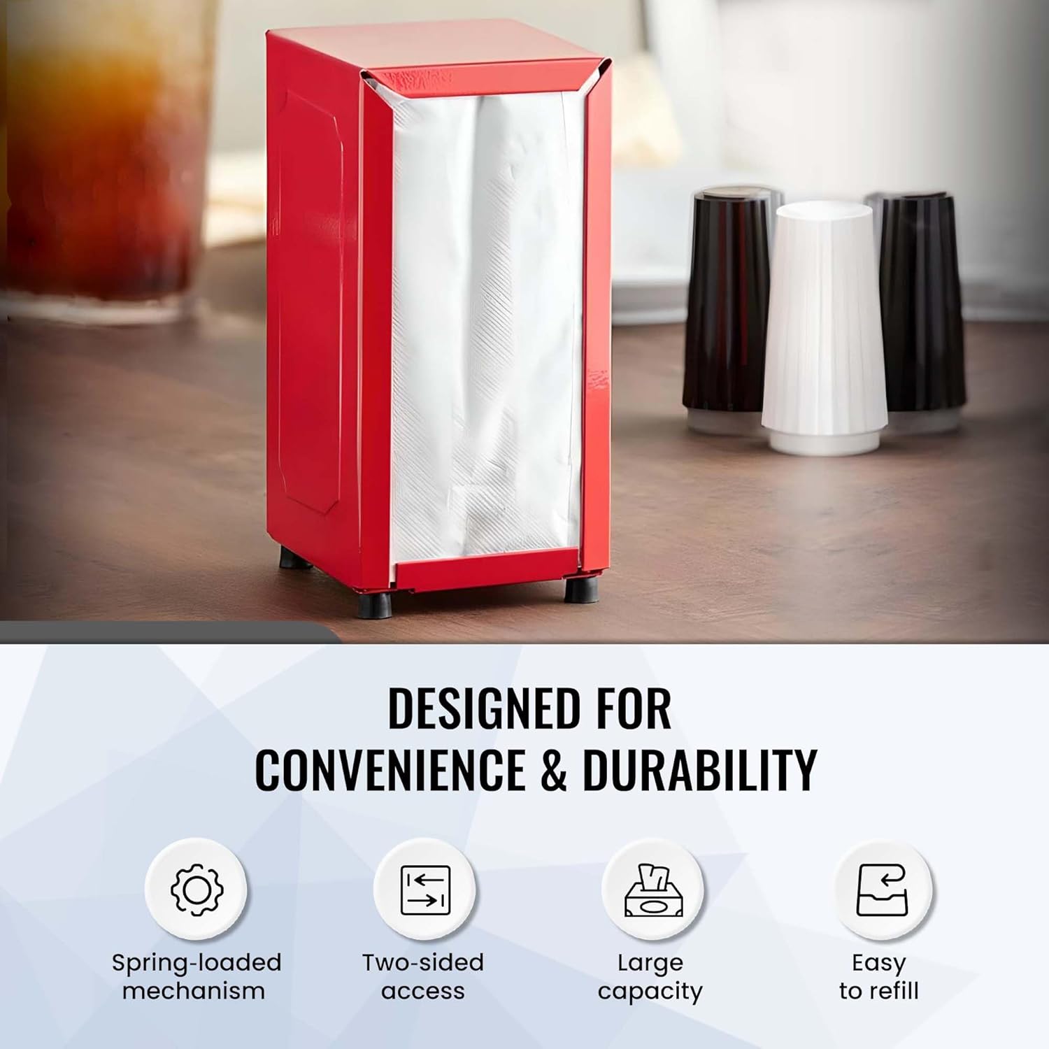 Tall-Fold Napkin Dispenser Red 150 Napkins Easy Use Style Space-Saving