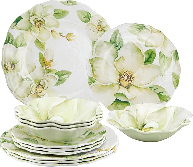 UPware 12 Piece Magnolia Melamine Dinnerware Sets, Outdoor Dishes Set, Plates and Bowls Sets, Service for 4, Green