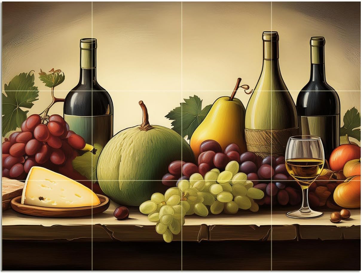 Tile Mural Still Life Wine Fruit Cheese Kitchen Wall Backsplash Marble Ceramic - Picture 6 of 16