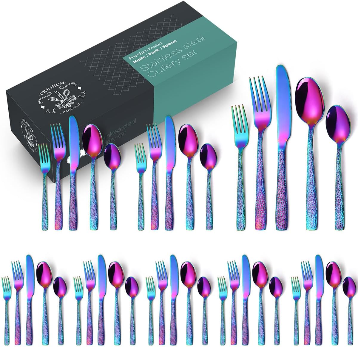 WHIERGGIN 40-Piece Silverware Set Stainless Steel Cutlery Rainbow