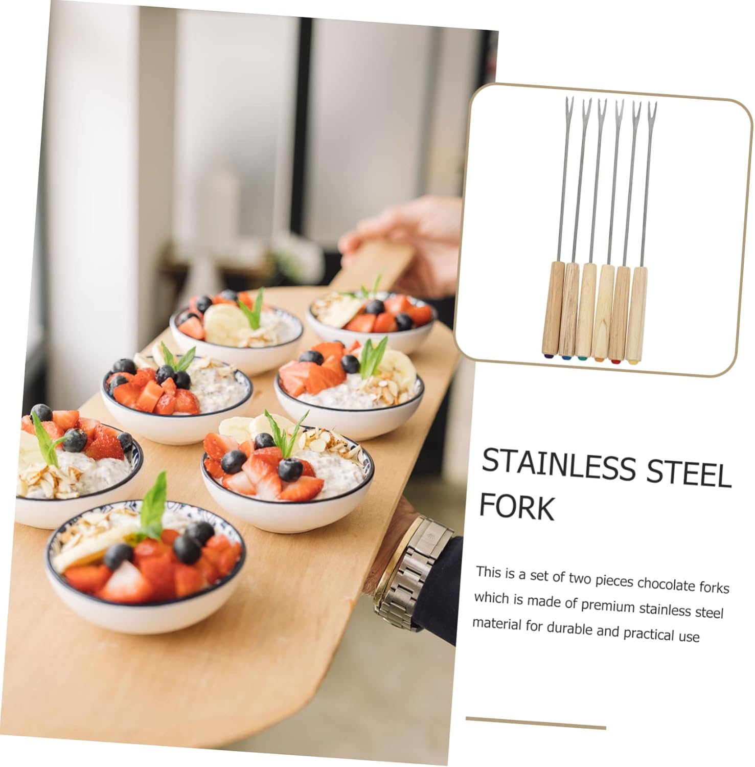 2pcs Oak Handle Fondue Fork Set for Cheese and Fruit