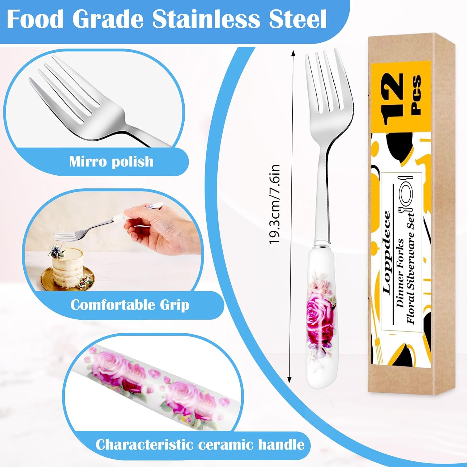 12Pcs Stainless Steel Floral Forks with Ceramic Handles