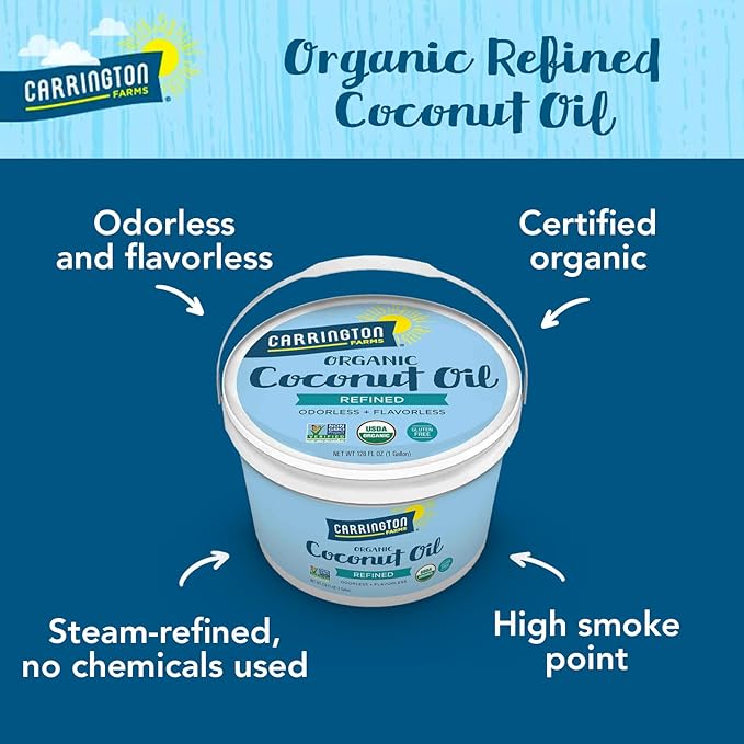 Carrington Farms Organic Refined Coconut Oil is a high-quality cooking oil that is made from organic coconuts. It is a great alternative to traditional cooking oils as it is gluten-free and non-GMO verified. This one-gallon container is perfect for those who use coconut oil frequently and want to stock up on a larger quantity.