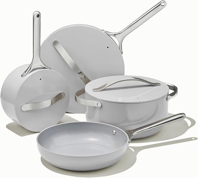 Caraway Nonstick Ceramic Cookware Set (12 Piece) Pots, Pans, 3 Lids and Kitchen Storage - Non Toxic - Oven Safe & Compatible with All Stovetops - Cream
