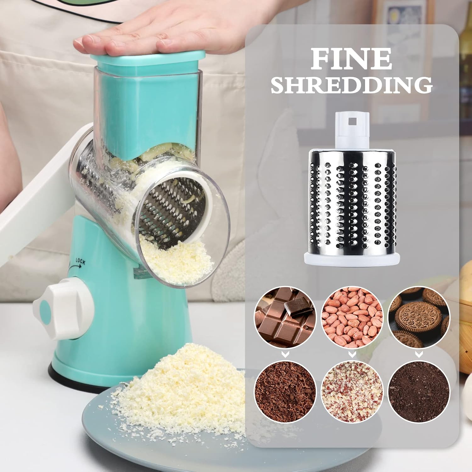 Rotary Cheese Grater with 3 Blades for Creative Slicing Grating