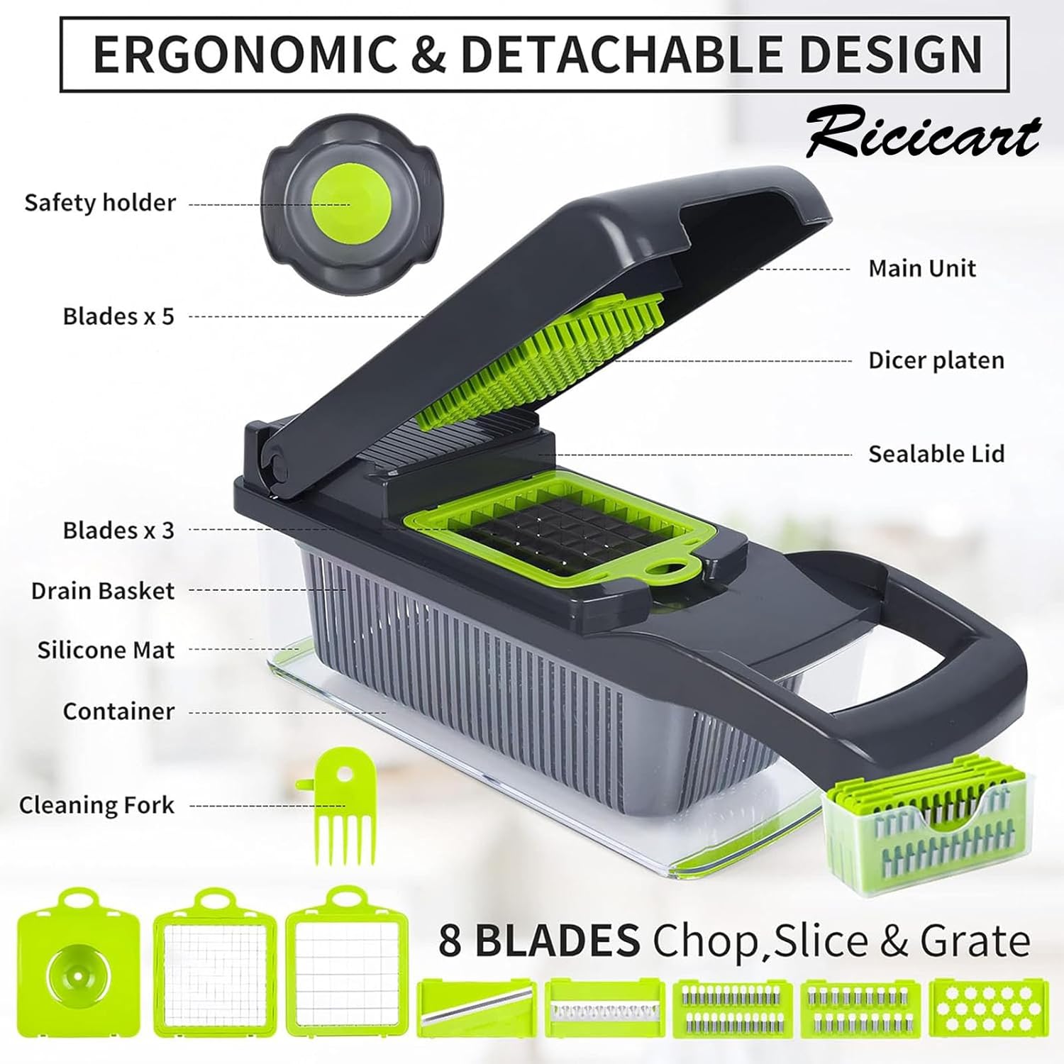Extra-Sharp Multifunctional Chopper with 7 Interchangeable Blades for Veggies Fruits