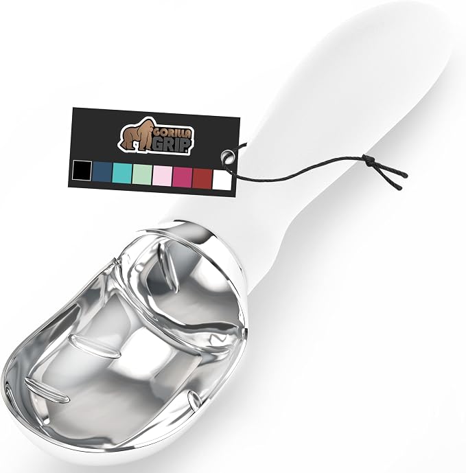 GORILLA GRIP BPA-Free Heavy Duty Ice Cream Scoop, Comfortable Ergonomic Handle, Professional Grade Scooper for Perfect Round Scoops, Spoon Frozen Hard Gelato, Sorbet, Cookie Dough, Kitchen Tool, White