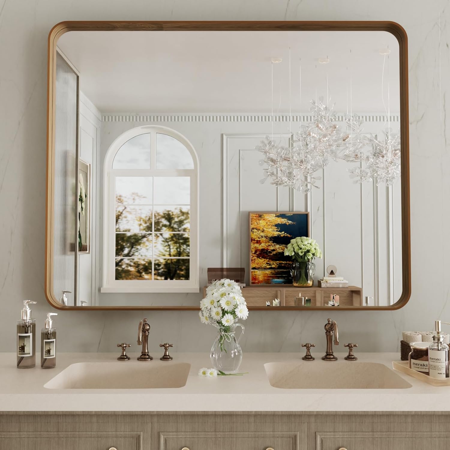 .LOAAO 40X32 Inch Bathroom Mirror with Wood Grain Colored Metal Frame, Rounded Rectangle Metal Framed Bathroom Mirror, Anti-Rust, Hangs Horizontally or Vertically, Tempered Glass