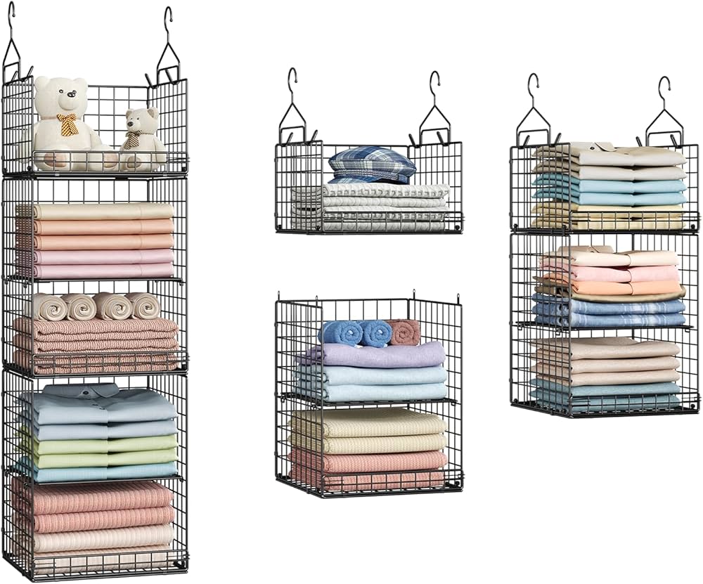 5 Tier Closet Hanging Organizer and Storage Separable Hanging Closet Shelves with 4 Hanging Hooks 2 Adjustable Dividers, Wire Storage Basket Bins for Clothing Sweaters Socks Dolls Handbags, Foldable