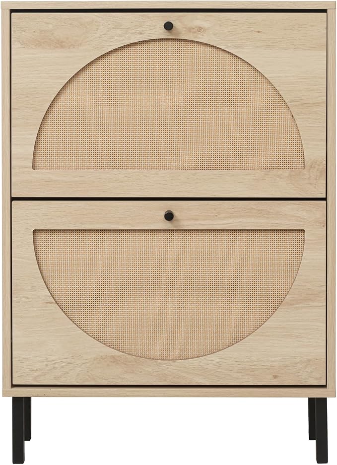 ZeHuoGe Rattan Shoe Cabinet with 2 Flip Drawers, Narrow Hidden Entrance Hallway Free Standing Shoe Rack for Heels, Slippers (Natural)