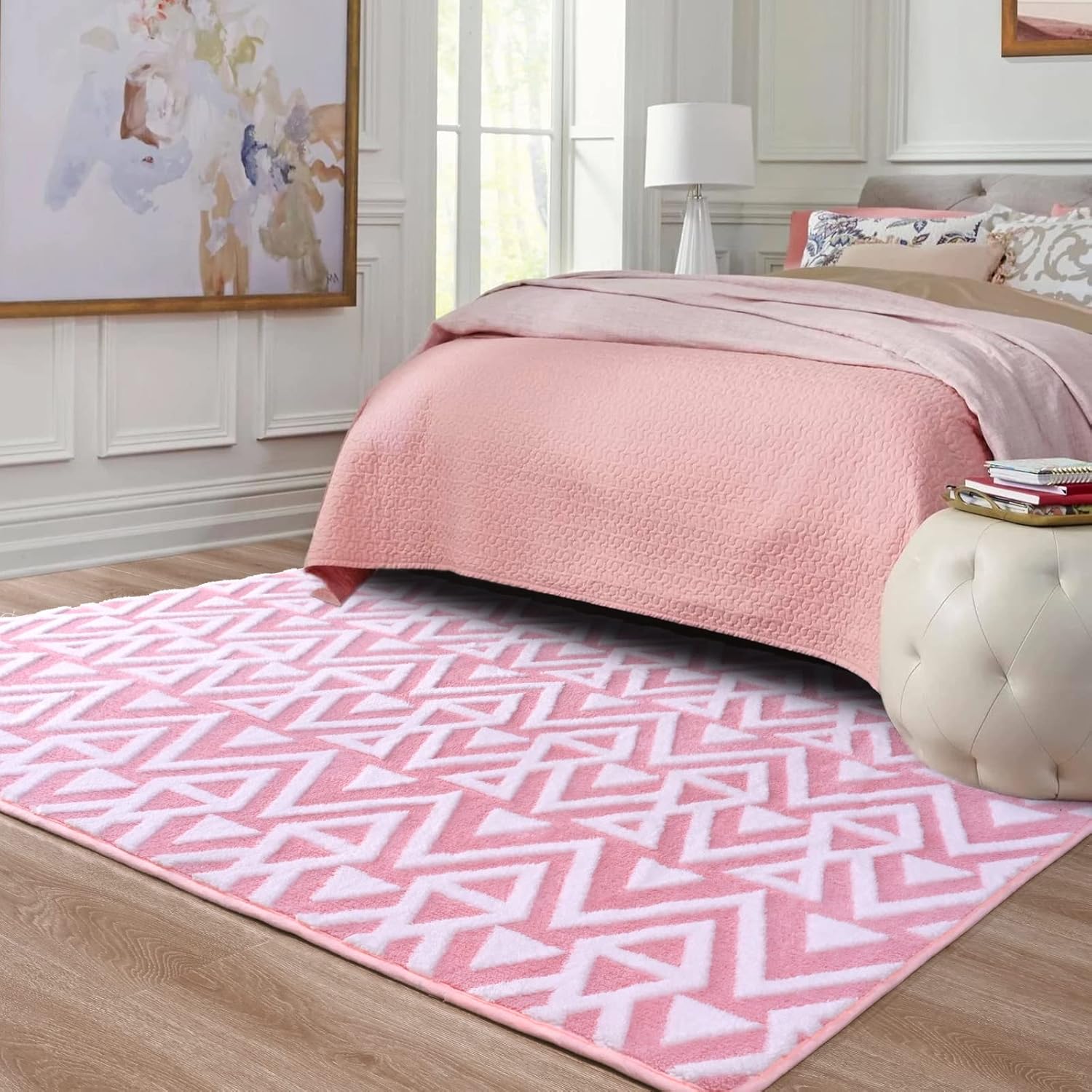 Ompaa Ultra Soft Shaggy Rug 5x8 Feet Pink Geometric Textured Carpet