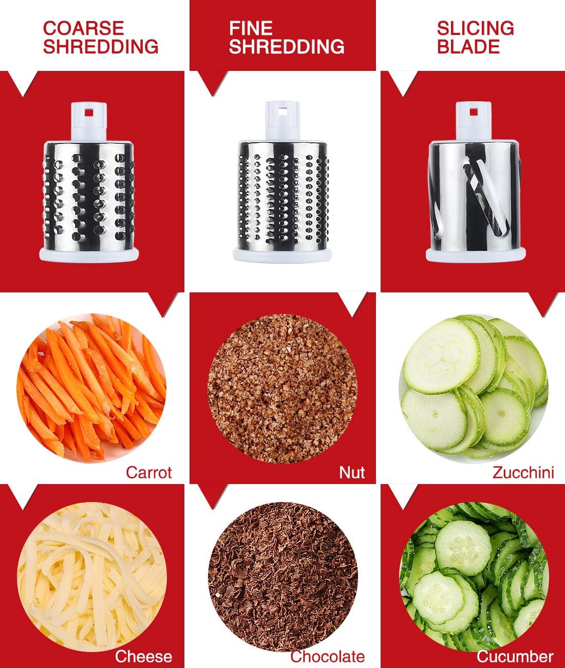 Rotary Cheese Grater with 3 Blade Set Stainless Steel Durable Effective