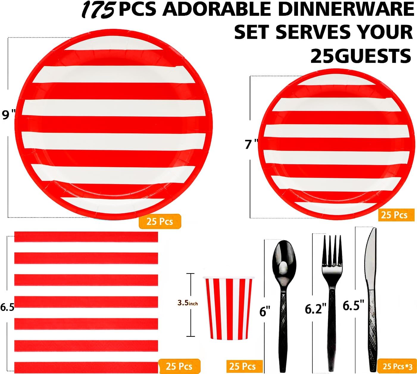Bundled Up for Perfect Parties - 25 Pcs Red White Striped Party Supplies Set