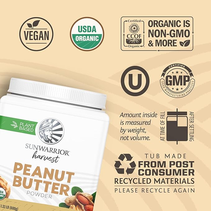 Each 600g tub of Peanut Butter Powder contains approximately 50 servings, making it a cost-effective choice for those who use peanut butter regularly. The powder can be easily mixed with water to create a creamy spread, or added to smoothies, baked goods, and other recipes for a boost of peanut flavor. Sunwarrior's Organic Harvest line ensures that the peanuts used in the powder are grown and harvested using organic methods, providing a high-quality product for health-conscious consumers. Description by ChatGPT.