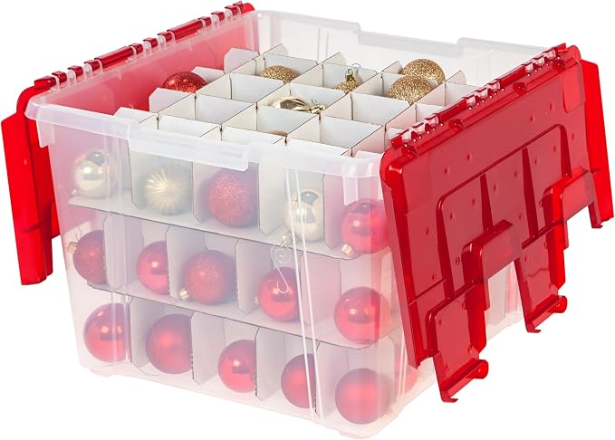 Ornament Storage Box with Attached Lid, Stores 75 Ornaments per Bin, 2-Pack, Stackable Durable Christmas Storage Organization Container Bin for Holiday Decorations and Accessories, Clear/Red