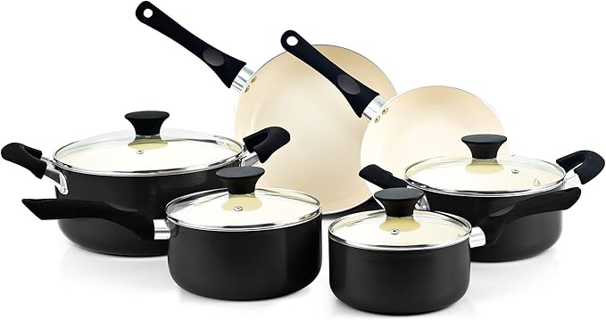 Cook N Home Pots And Pans Set Nonstick, 10 Piece Ceramic Cookware Sets, Kitchen Non Stick Cooking Set With Saucepans, Frying Pans, Dutch Oven Pot With Lids, Black
