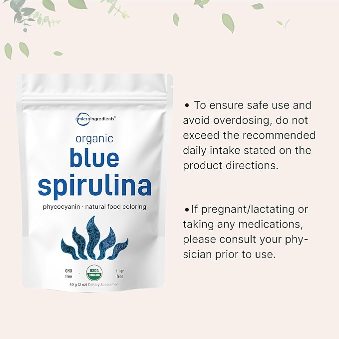 Rest assured, Micro Ingredients’ blue-spirulina powder is made with premium non-GMO ingredients and is free from soy, dairy, gluten, and tree nuts. Each batch of ingredients must pass rigorous 3rd party lab tests to ensure a product that is safe, pure, and potent. Elevate your dishes with the vibrant blue color and powerhouse nutrients of this blue-spirulina powder from Micro Ingredients. Description by ChatGPT.