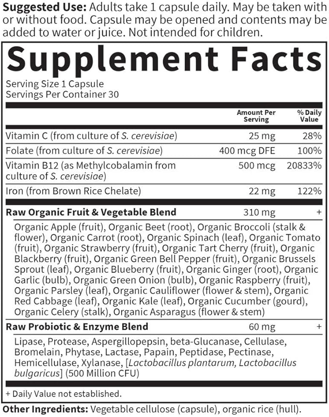This supplement is vegetarian, gluten-free, and dairy-free, making it a convenient option for individuals looking to increase their iron intake through natural, whole food sources. It is recommended to consult with a healthcare provider before adding any new supplement to your daily routine to ensure it is safe and suitable for your individual needs. Description by ChatGPT.