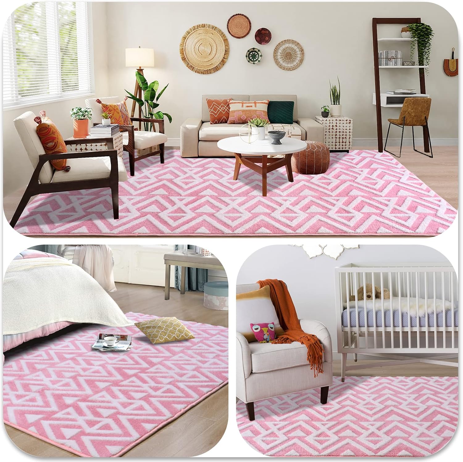 Ompaa Ultra Soft Shaggy Rug 5x8 Feet Pink Geometric Textured Carpet