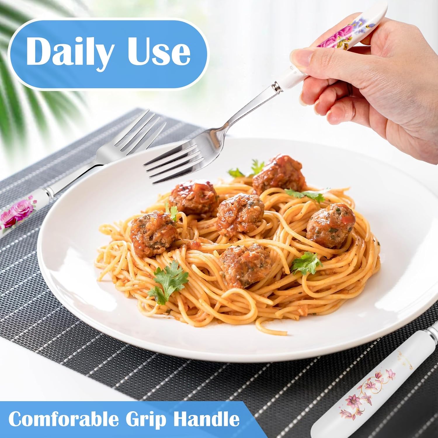 12Pcs Stainless Steel Floral Forks with Ceramic Handles