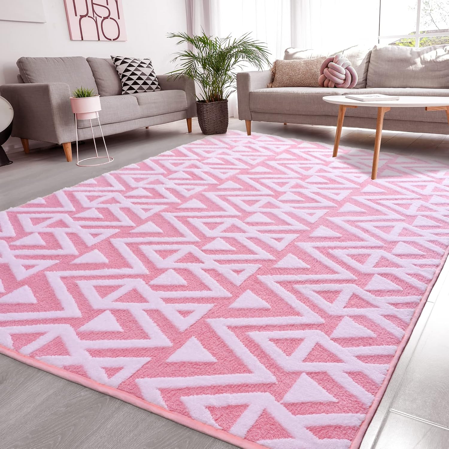 Ompaa Ultra Soft Shaggy Rug 5x8 Feet Pink Geometric Textured Carpet