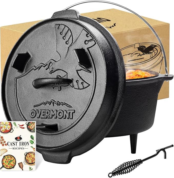 Overmont 6QT Camp Dutch Oven Pre Seasoned Cast Iron Lid Also a Skillet Casserole Pot with Lid Lifter for Camping Cooking BBQ Baking 6QT(Pot+Lid)