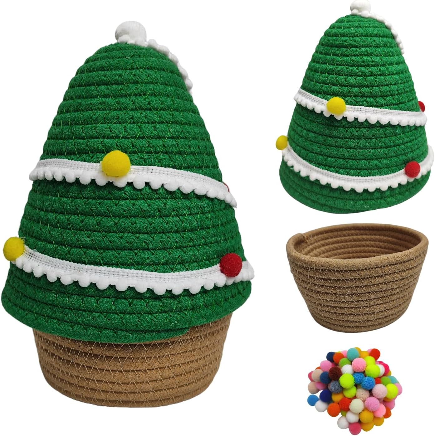 SINGLIN Christmas Tree Woven Basket with Lid and Pom-Poms