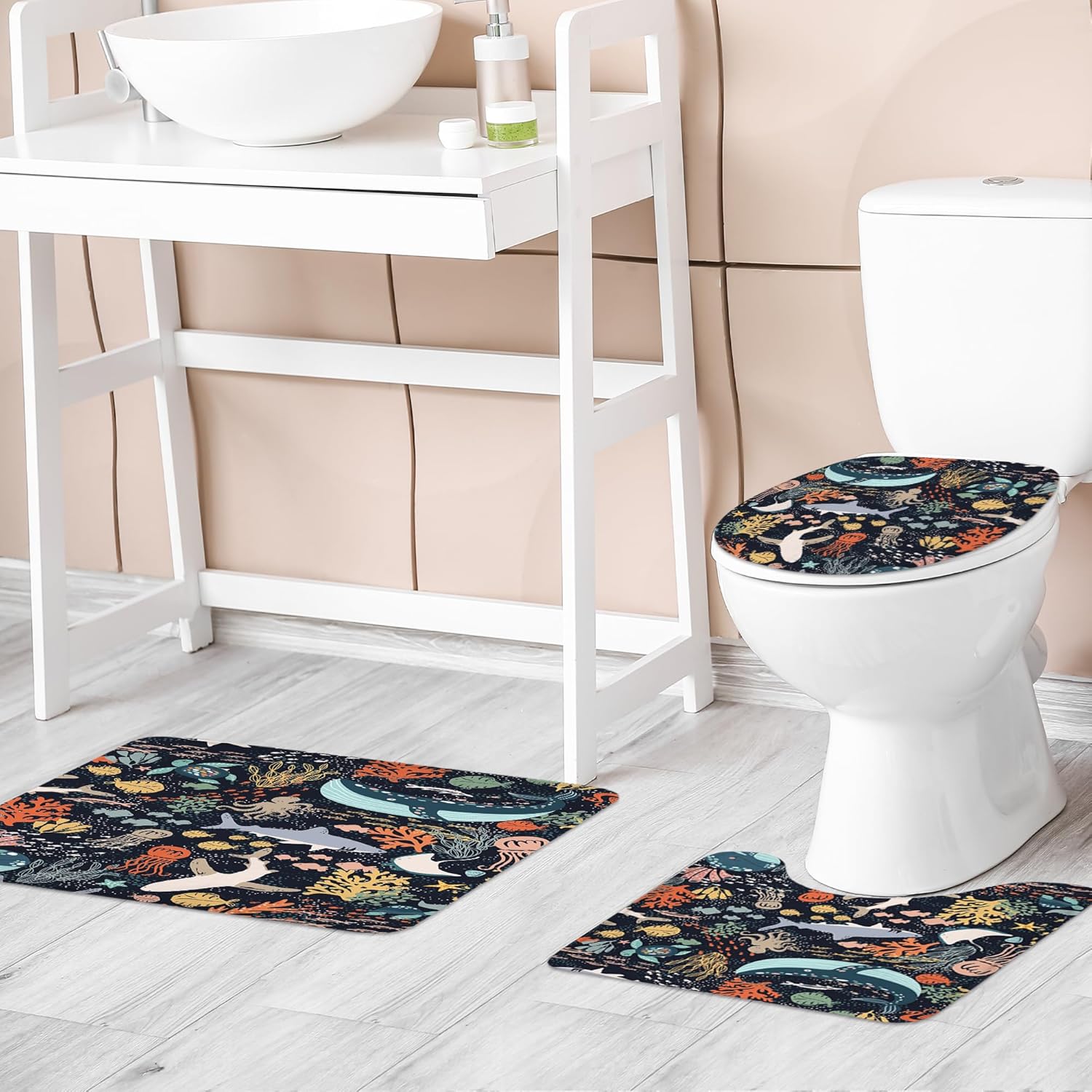 Riyidecor Kids Shark Fish 4Pcs Bathroom Set